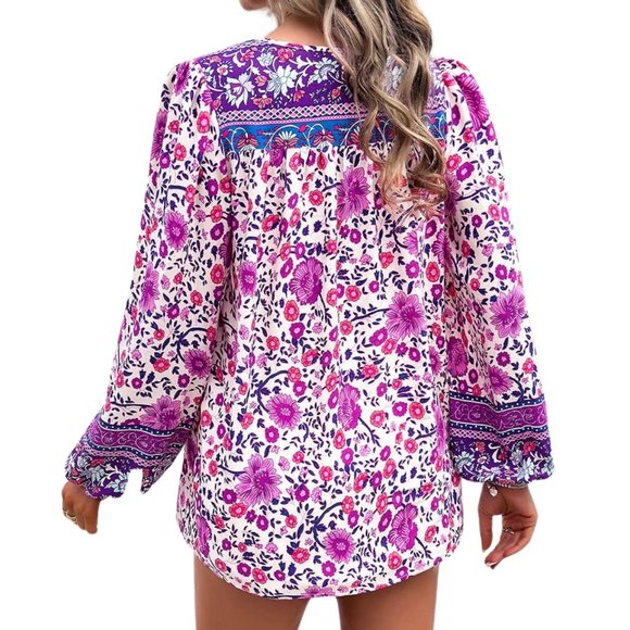 Floral Boho Top Long Sl Blouse Print Cross Deep V S-XL Beautiful Blue Purple - Picture 2 of 4